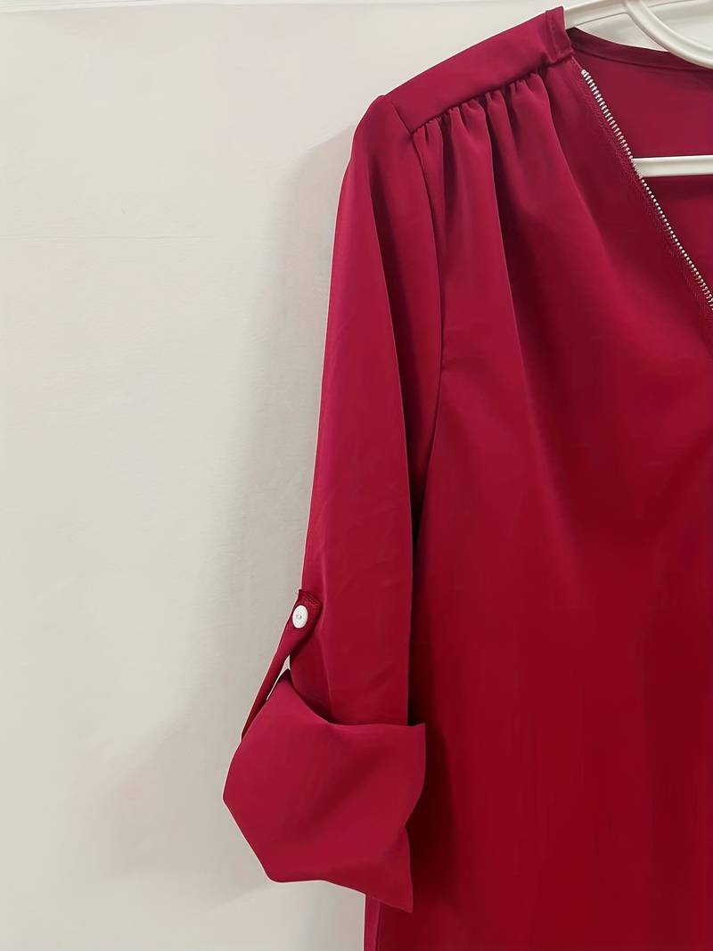 Dames Blouse Casual Met Roll-Up Mouwen En Halve Rits Katoen-5