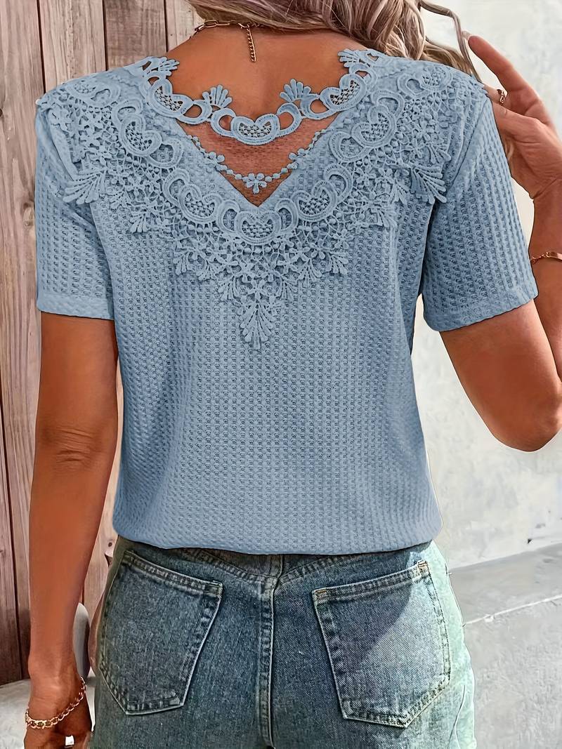 Variant image for Dames T-shirt Ronde Hals Katoen met Contrasterende Stof en Kanten Details-9