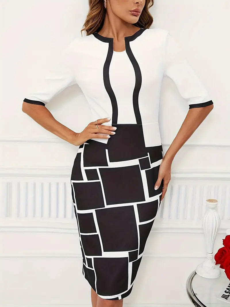 Variant image for Lange Jurk Dames Twee-in-één Geo-Print Ronde Halslijn Stijlvolle Dameskleding-5