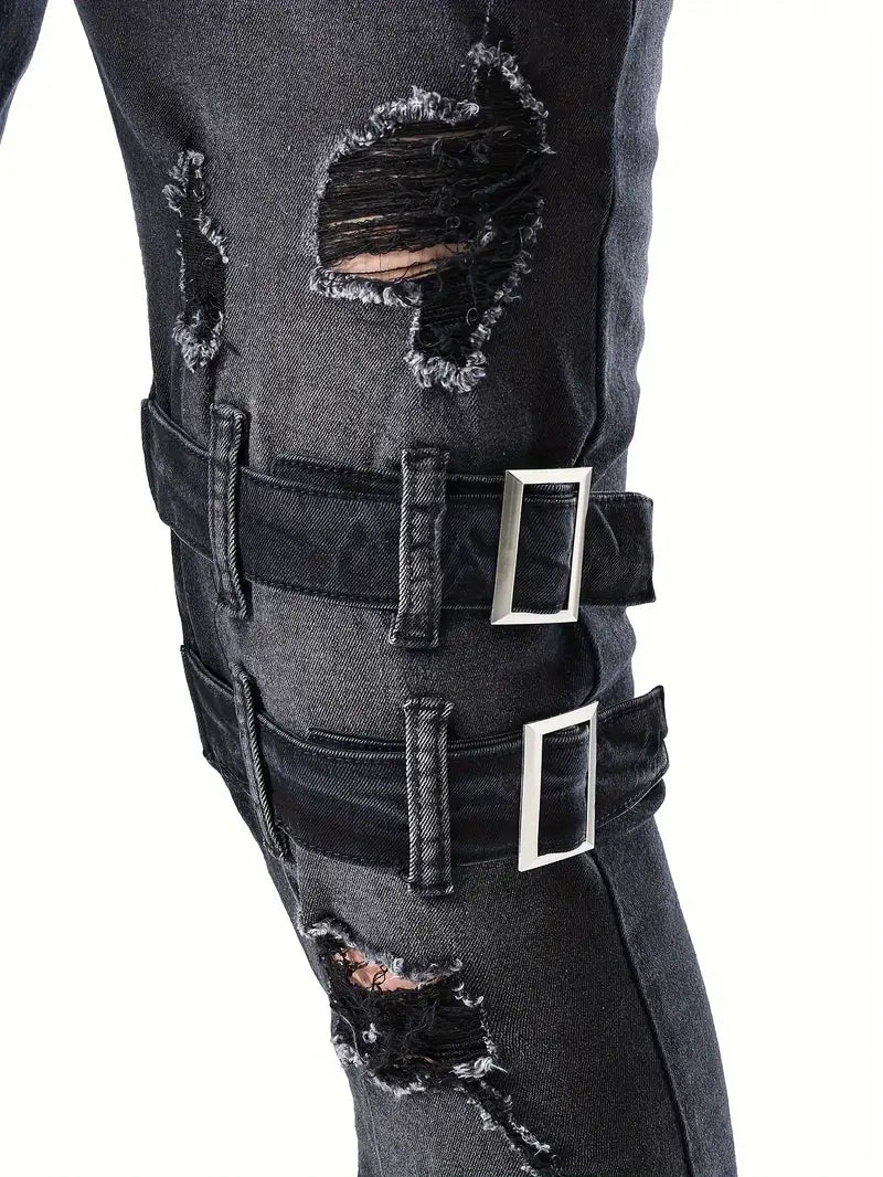 Heren Biker Jeans Casual Denim met Gewatteerde Inserts en Ritsdetails-6