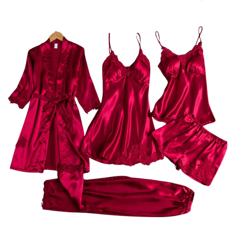 5-in-1 nachtkleding set in satijnstijl | Nachtjapon en pyjama in satijnstijl | Luxe nachtkleding voor vrouwen 1