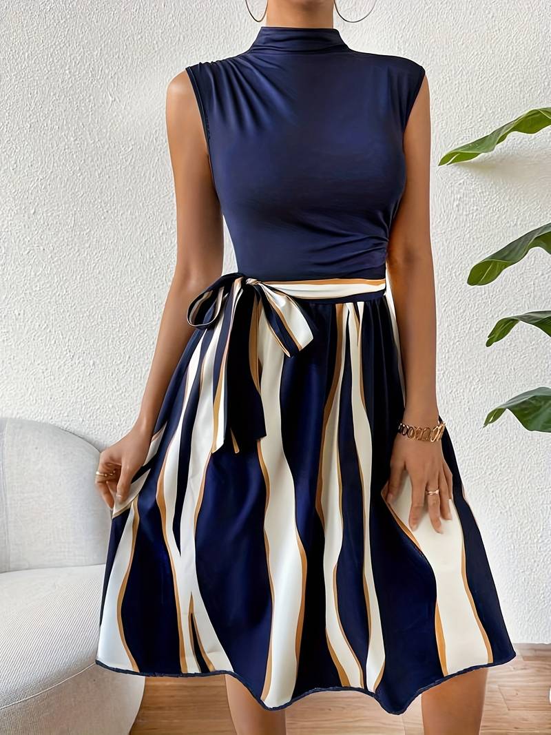 Dames Jurk Patchwork Met Riem en Patrouilledruk, Ideaal Voor Zomer En Casual Gelegenheden-2