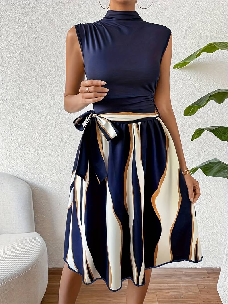 Dames Jurk Patchwork Met Riem en Patrouilledruk, Ideaal Voor Zomer En Casual Gelegenheden-3