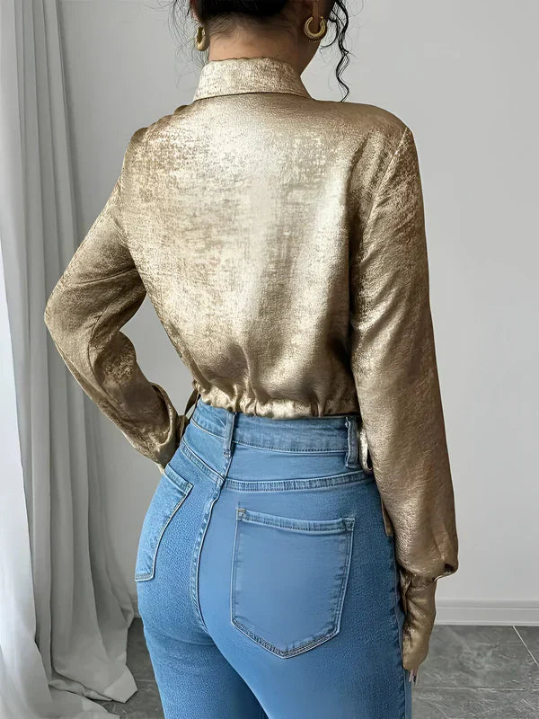 Gouden Top Dames Elegante Stijl Glanzende Stof voor Feestelijke Gelegenheden-3