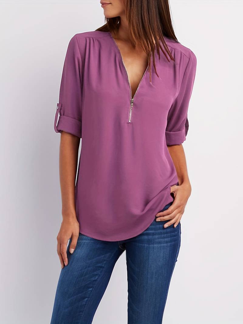 Variant image for Dames Blouse Casual Met Roll-Up Mouwen En Halve Rits Katoen-49