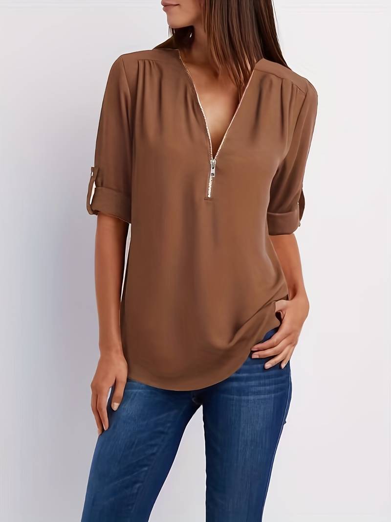 Variant image for Dames Blouse Casual Met Roll-Up Mouwen En Halve Rits Katoen-33