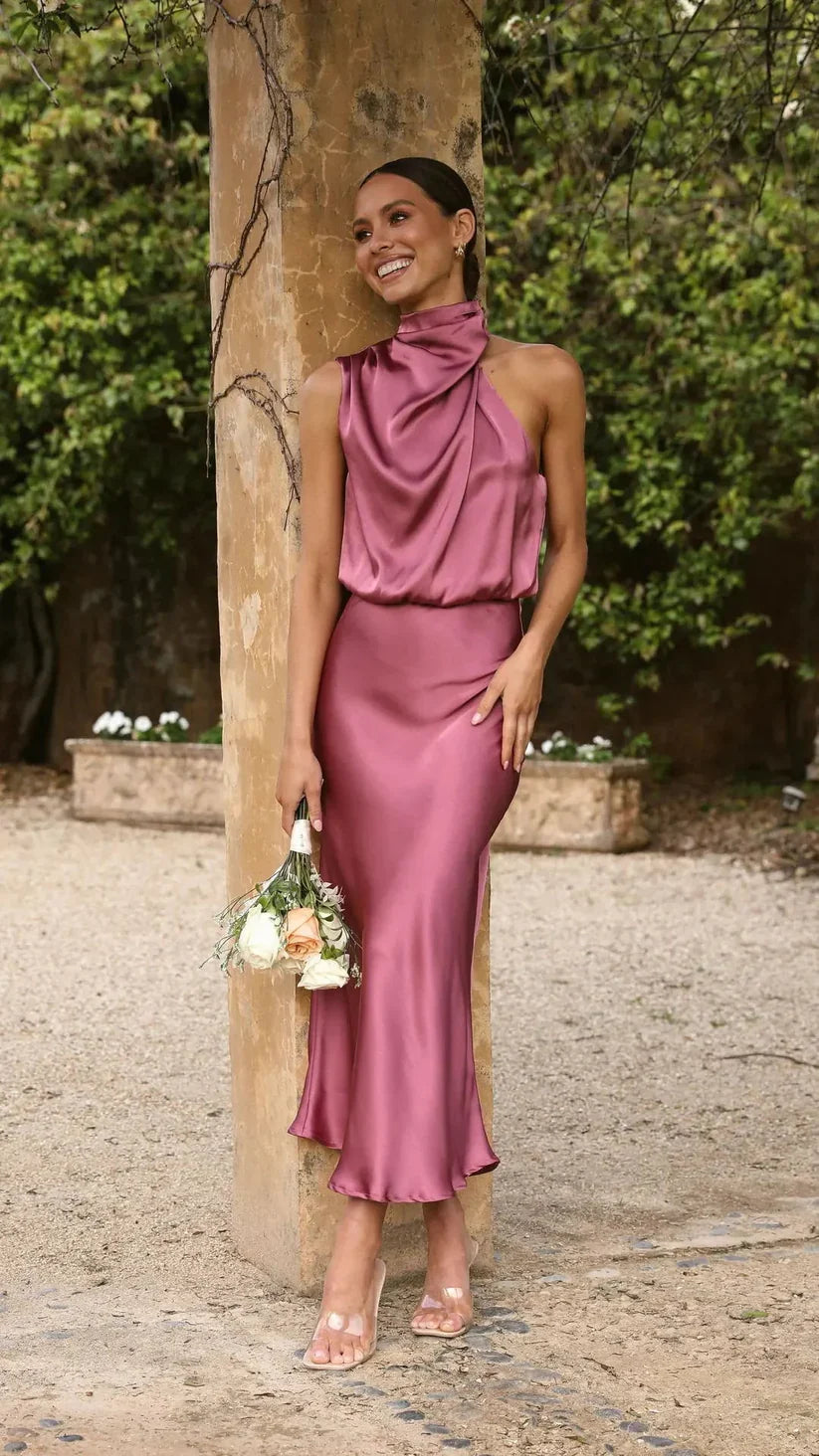 Dames Jurk Asymmetrische Schouder Satijn Cocktailjurk-6