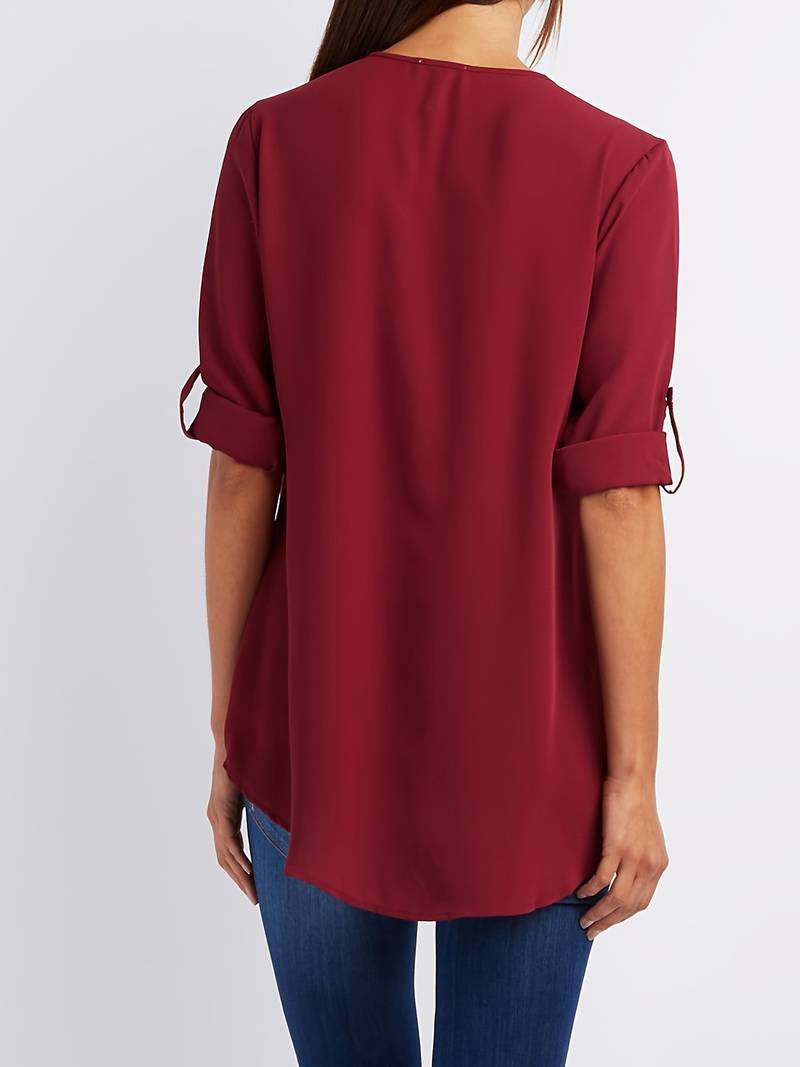 Dames Blouse Casual Met Roll-Up Mouwen En Halve Rits Katoen-2