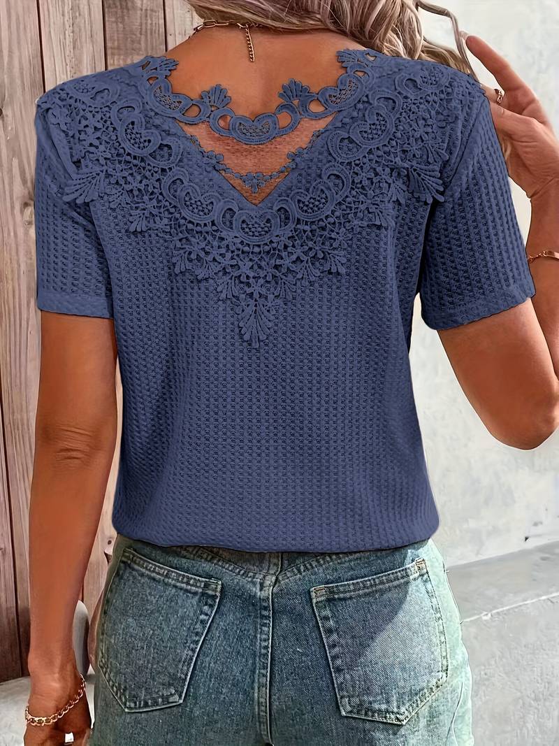 Variant image for Dames T-shirt Ronde Hals Katoen met Contrasterende Stof en Kanten Details-17