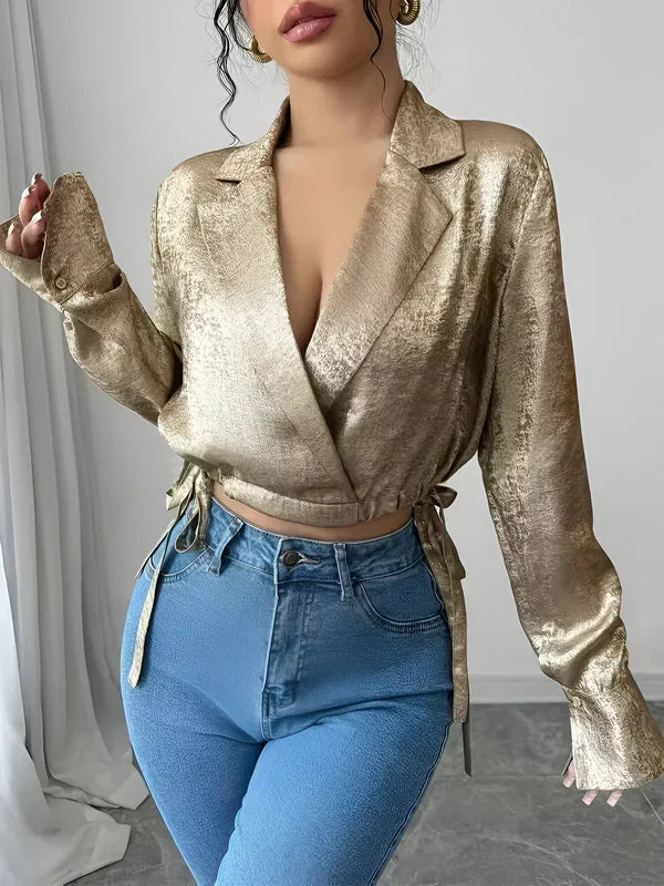 Gouden Top Dames Elegante Stijl Glanzende Stof voor Feestelijke Gelegenheden-2
