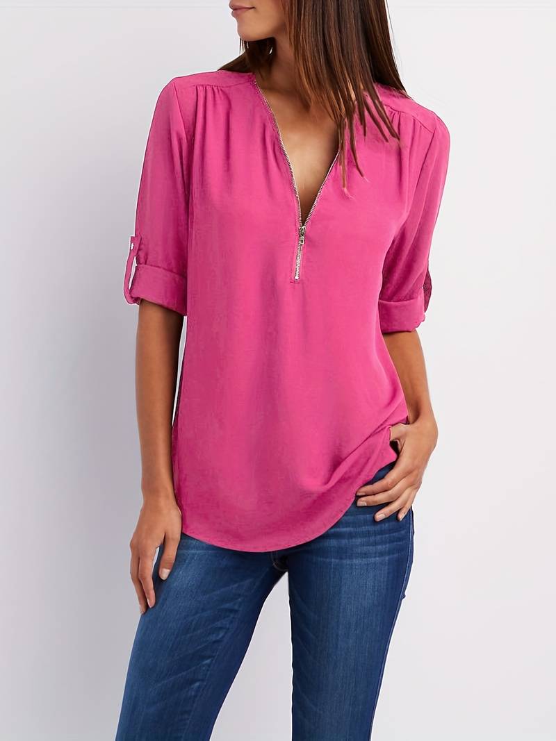 Variant image for Dames Blouse Casual Met Roll-Up Mouwen En Halve Rits Katoen-57