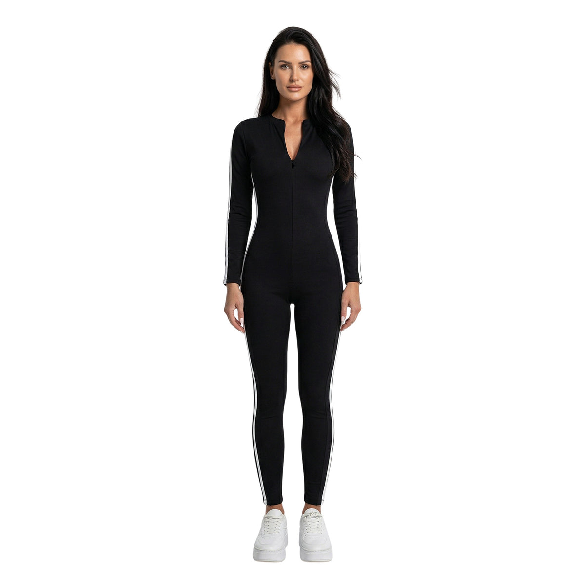 Dames Jumpsuit Aansluitend Sportief Met Rits en Gedurfde Strepen