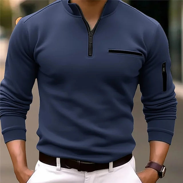 Variant image for Heren Polo Lange Mouw Met Rits Zwarte Katoenmix Sportief Shirt-5