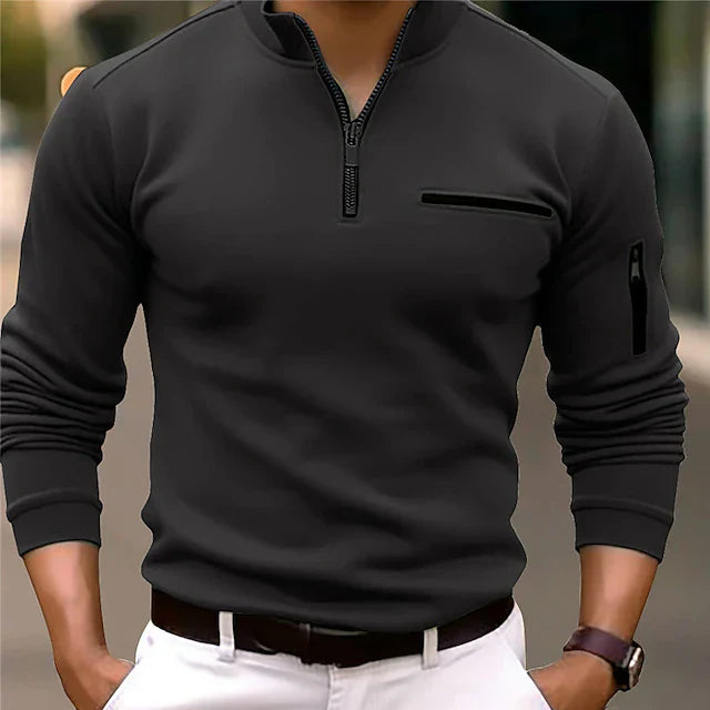 Heren Polo Lange Mouw Met Rits Zwarte Katoenmix Sportief Shirt-1