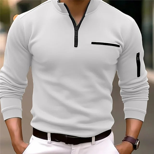 Variant image for Heren Polo Lange Mouw Met Rits Zwarte Katoenmix Sportief Shirt-14