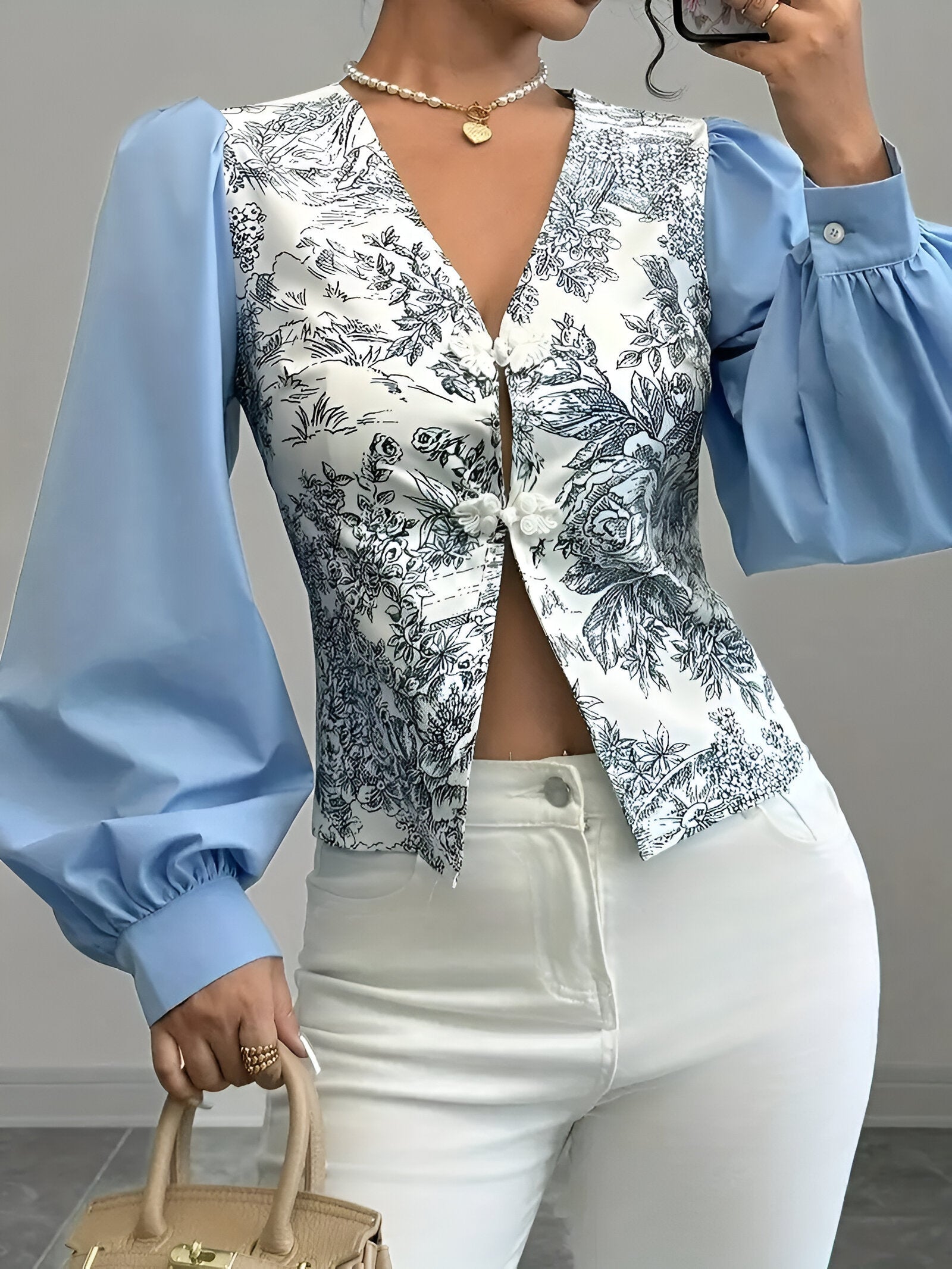 Dames Blouse V-hals Lantaarnmouwen Bloemendruk Katoen-3