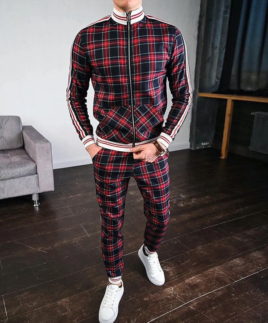 Heren Casual Set Lange Mouwen Polyestermix Met Opstaande Kraag 3