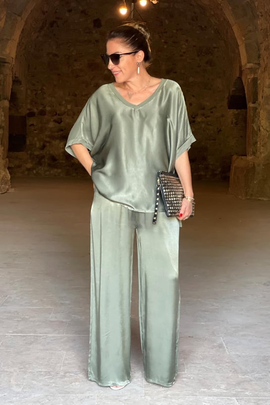 Dames Satijnen Jurk Set met Blouse en Broek, Luxe en Comfortabele Pasvorm-3