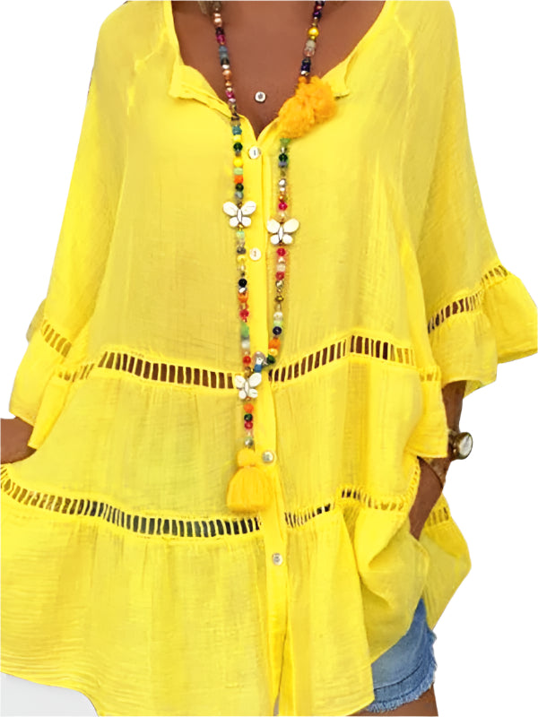 Dames 3/4 Mouw Top Jurk Katoen Linnen V-Hals Losse Knopen 0