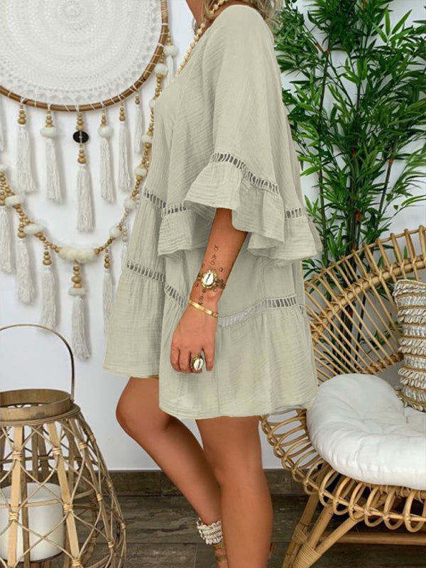 Dames 3/4 Mouw Top Jurk Katoen Linnen V-Hals Losse Knopen 6