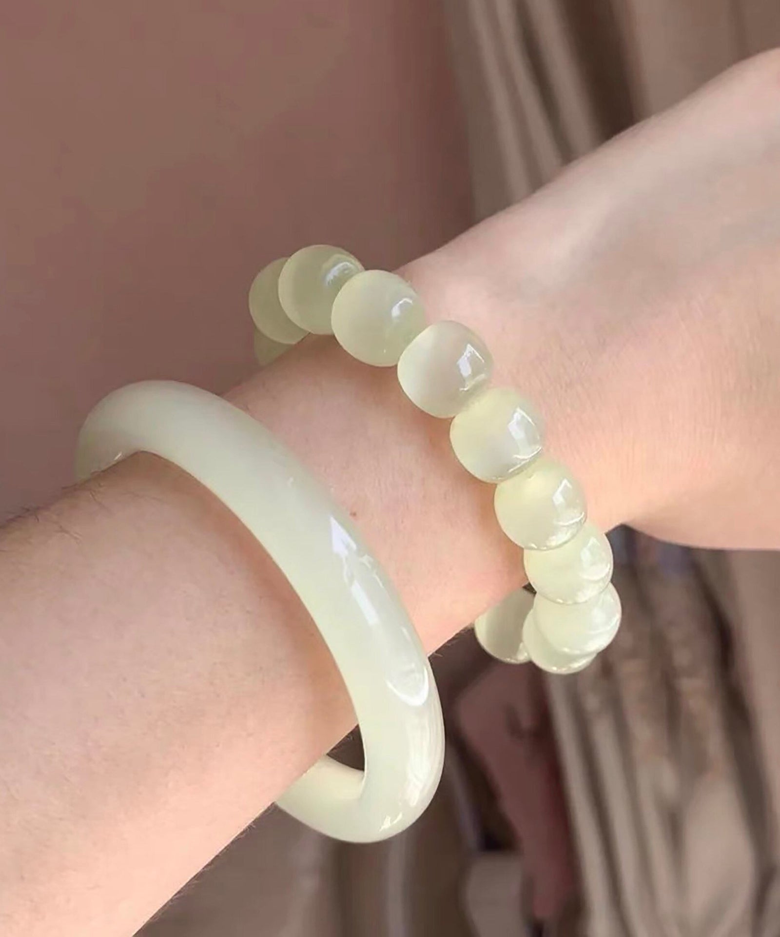 Dames Armband Jade Kralen Transparant Met Kattenoog Accent 0