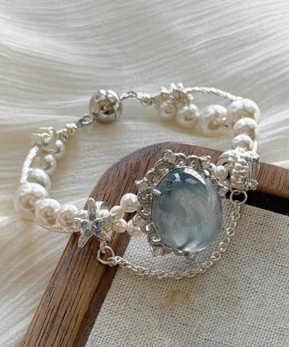 Dames Armband Met Blauwe Edelsteen En Parelbedels Tijdloos Design 0