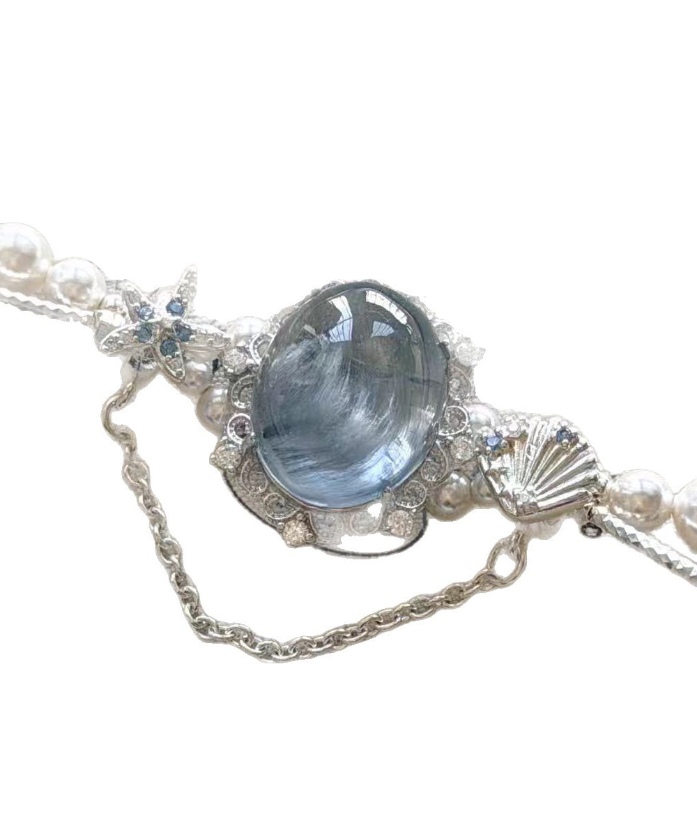Dames Armband Met Blauwe Edelsteen En Parelbedels Tijdloos Design 4