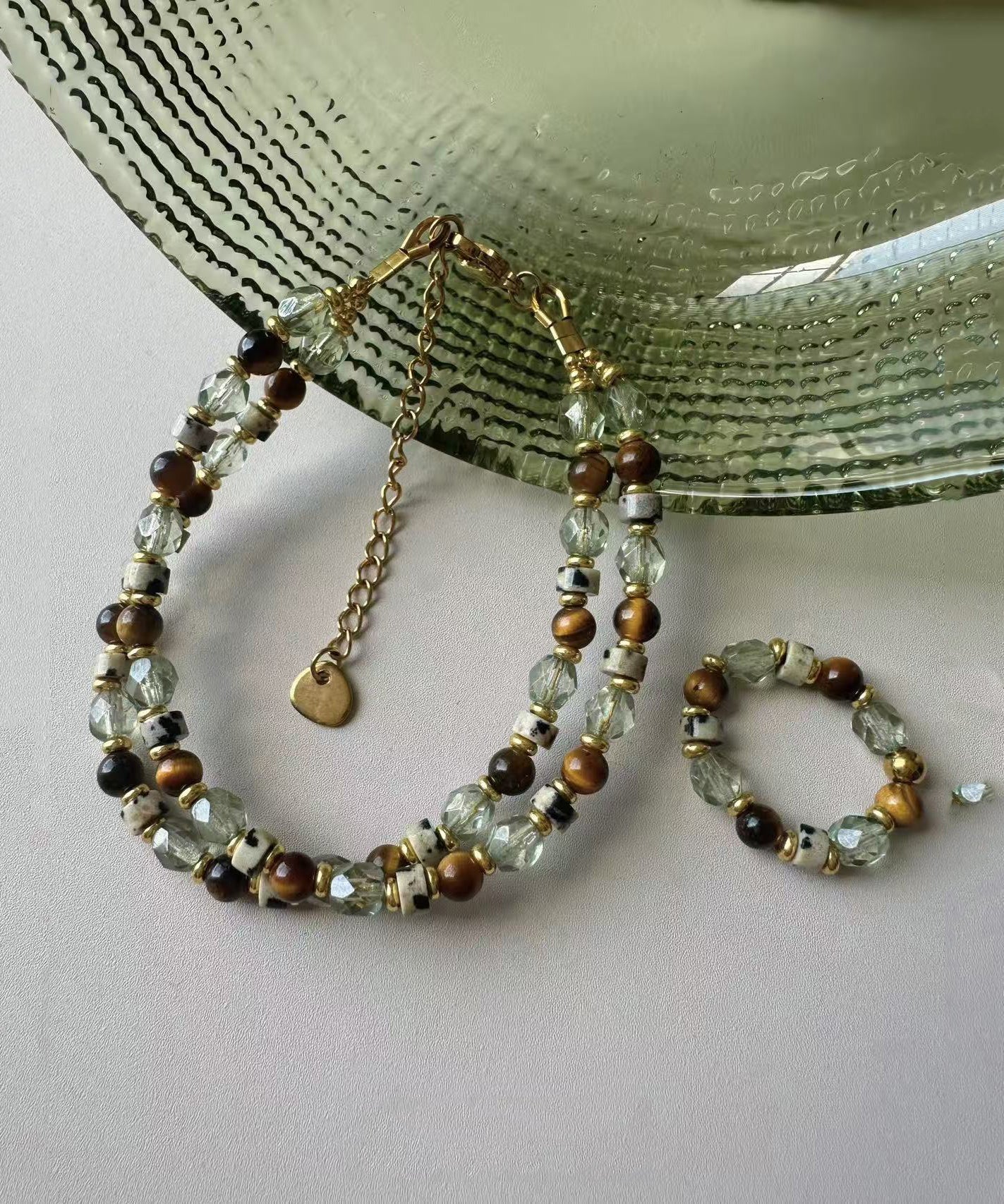 Dames Armband Set Met Tijgeroog en Glaskralen - Subtiele Armbandjes voor Elke Gelegenheid 0