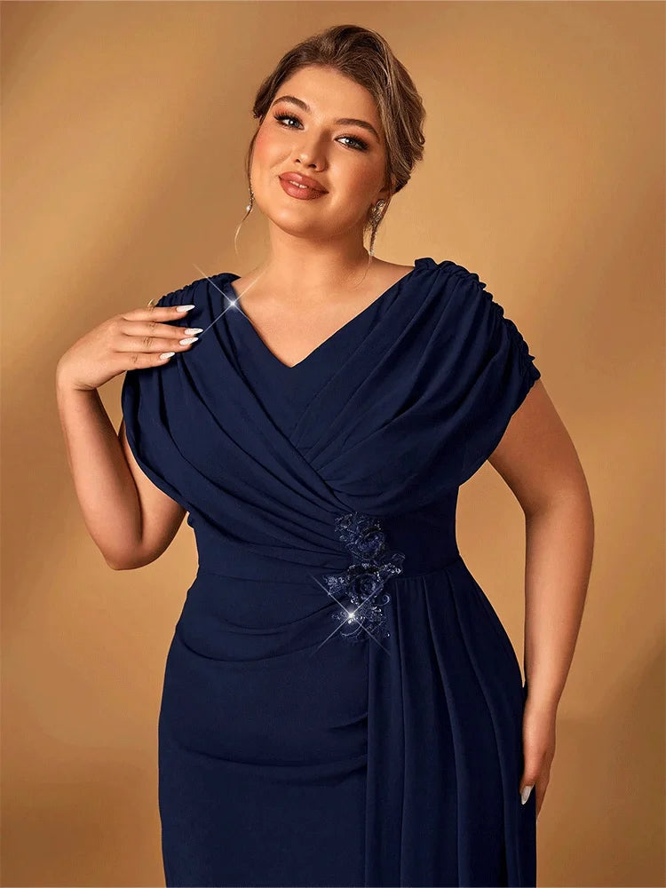 Dames Avondjurk Plus Size Chiffon Marineblauw 1