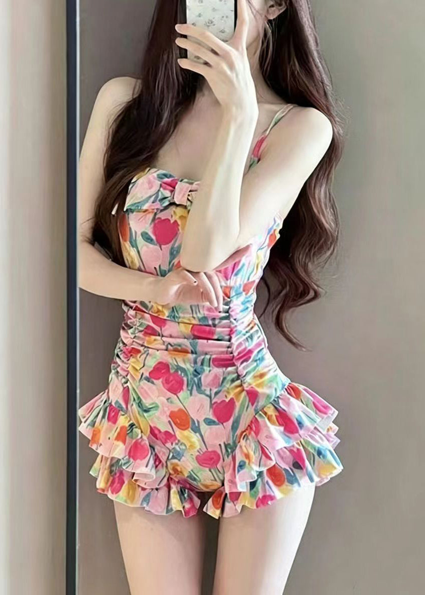 Dames Badpak met Ruches en Roze Print 2