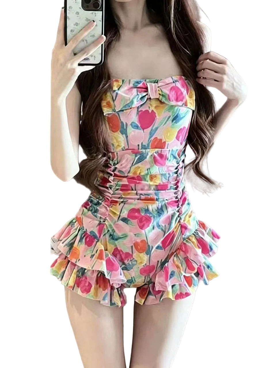 Dames Badpak met Ruches en Roze Print 3