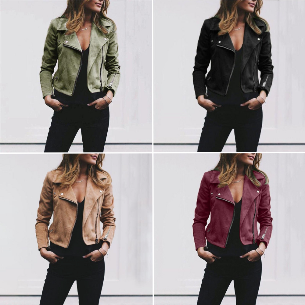 Dames Bikerjacke Wildleder Asymmetrische Reißverschlüsse 6