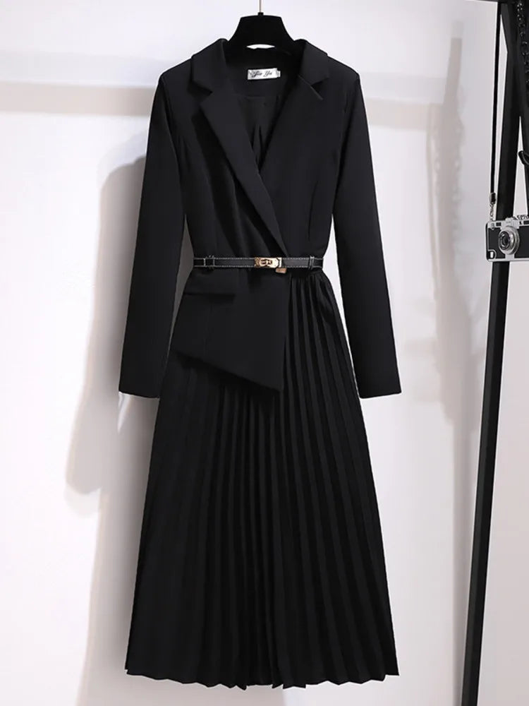 Dames Blazer Jurk Met Plissé En Ceintuur 4