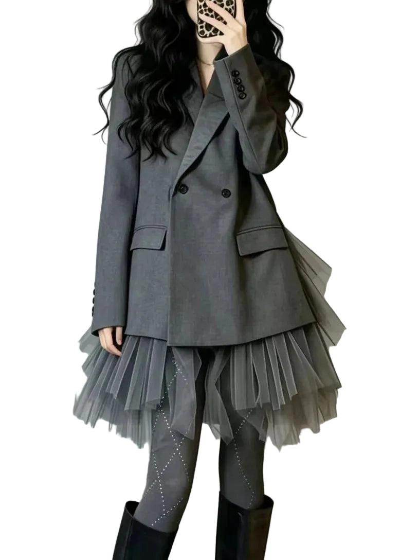 Dames Blazer Tweedelig Setje Met Patchwork En Tule 0