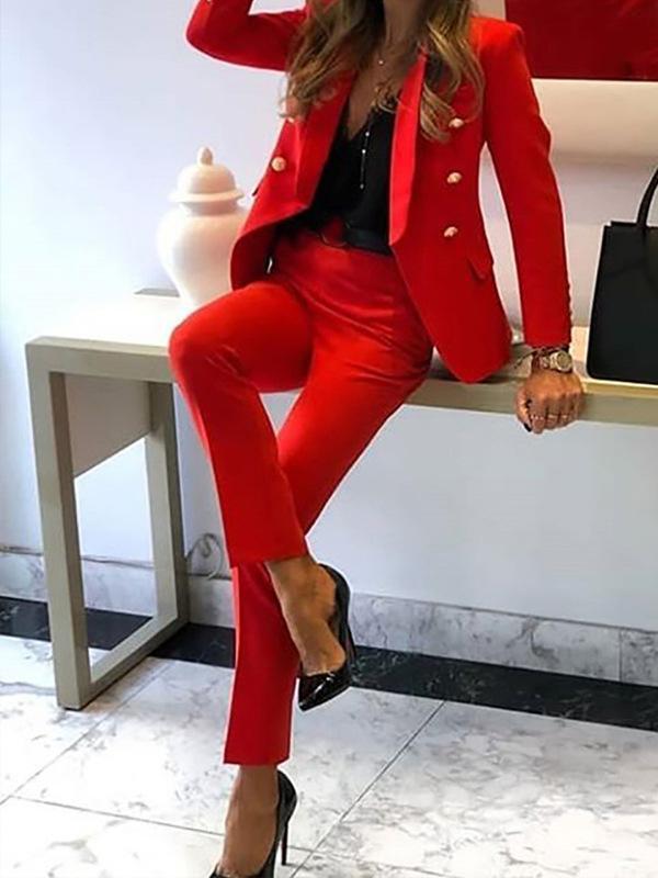 Dames Blazer en Broek Combinatie met Dubbele Rij Knopen 3