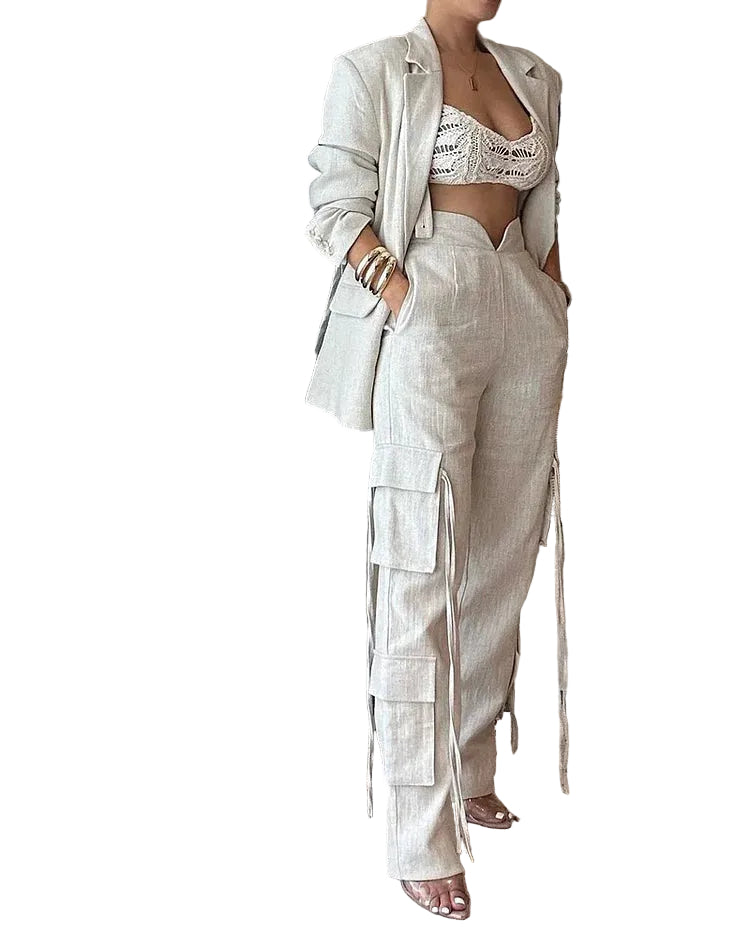 Dames Blazer en Cargobroek Set Met Gestructureerd Design 0