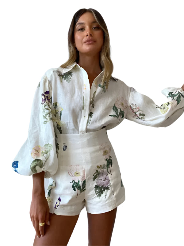 Dames Bloemenprint Hoge Taille Shorts en Lange Mouwen Blouse Set 0