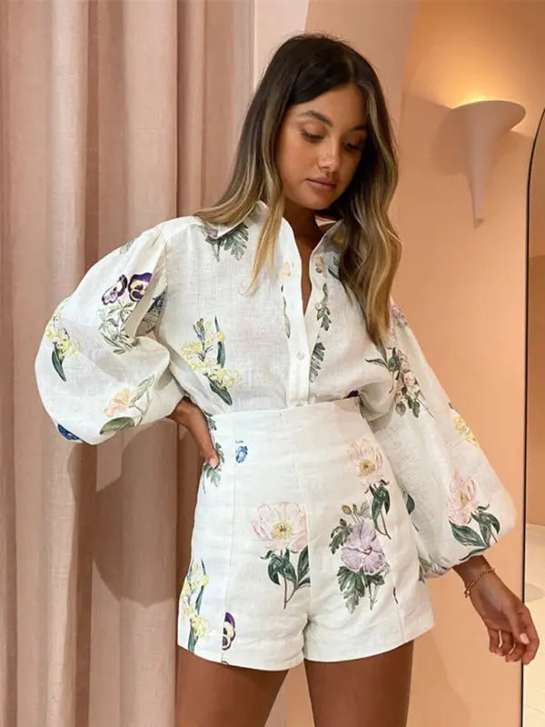 Dames Bloemenprint Hoge Taille Shorts en Lange Mouwen Blouse Set 2