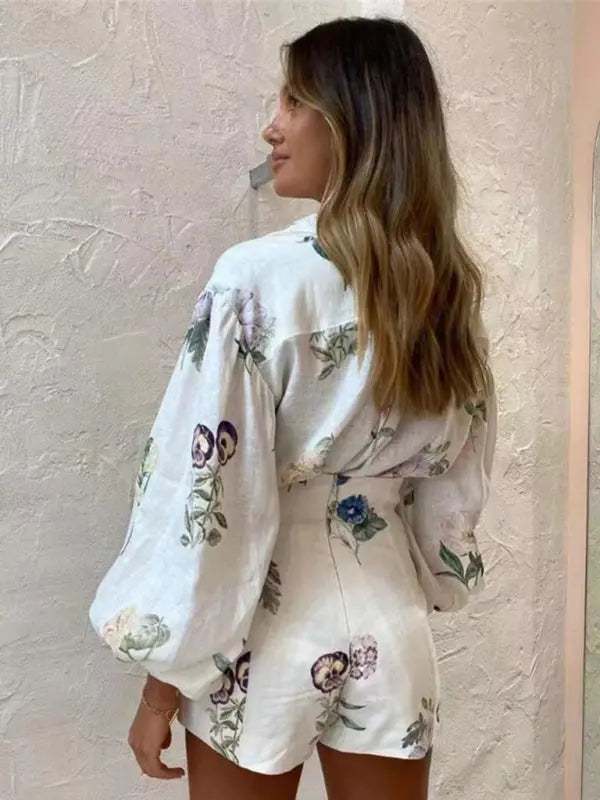 Dames Bloemenprint Hoge Taille Shorts en Lange Mouwen Blouse Set 3
