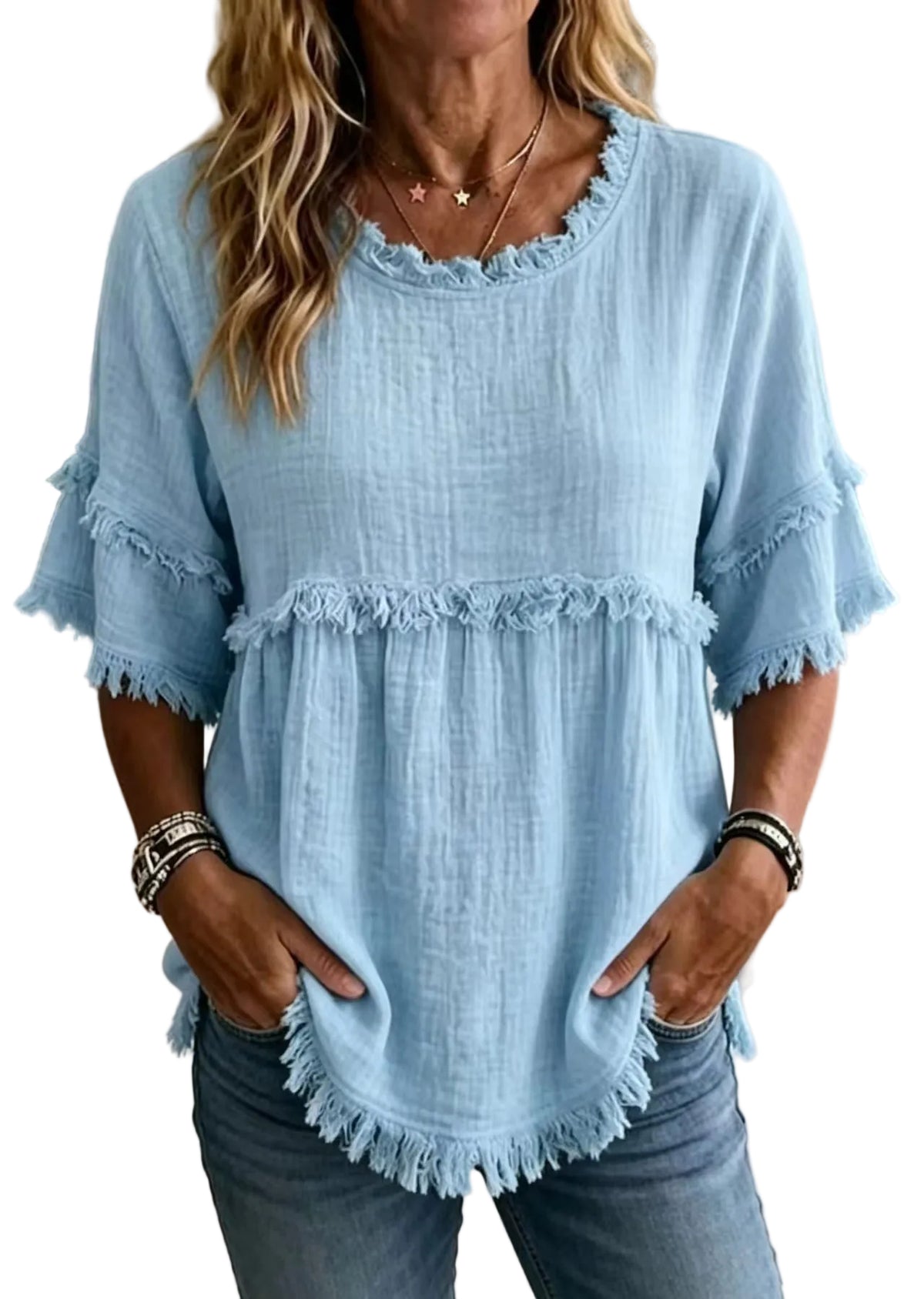 Dames Blouse Boheemse Stijl Met O-hals En Halflange Mouwen 0
