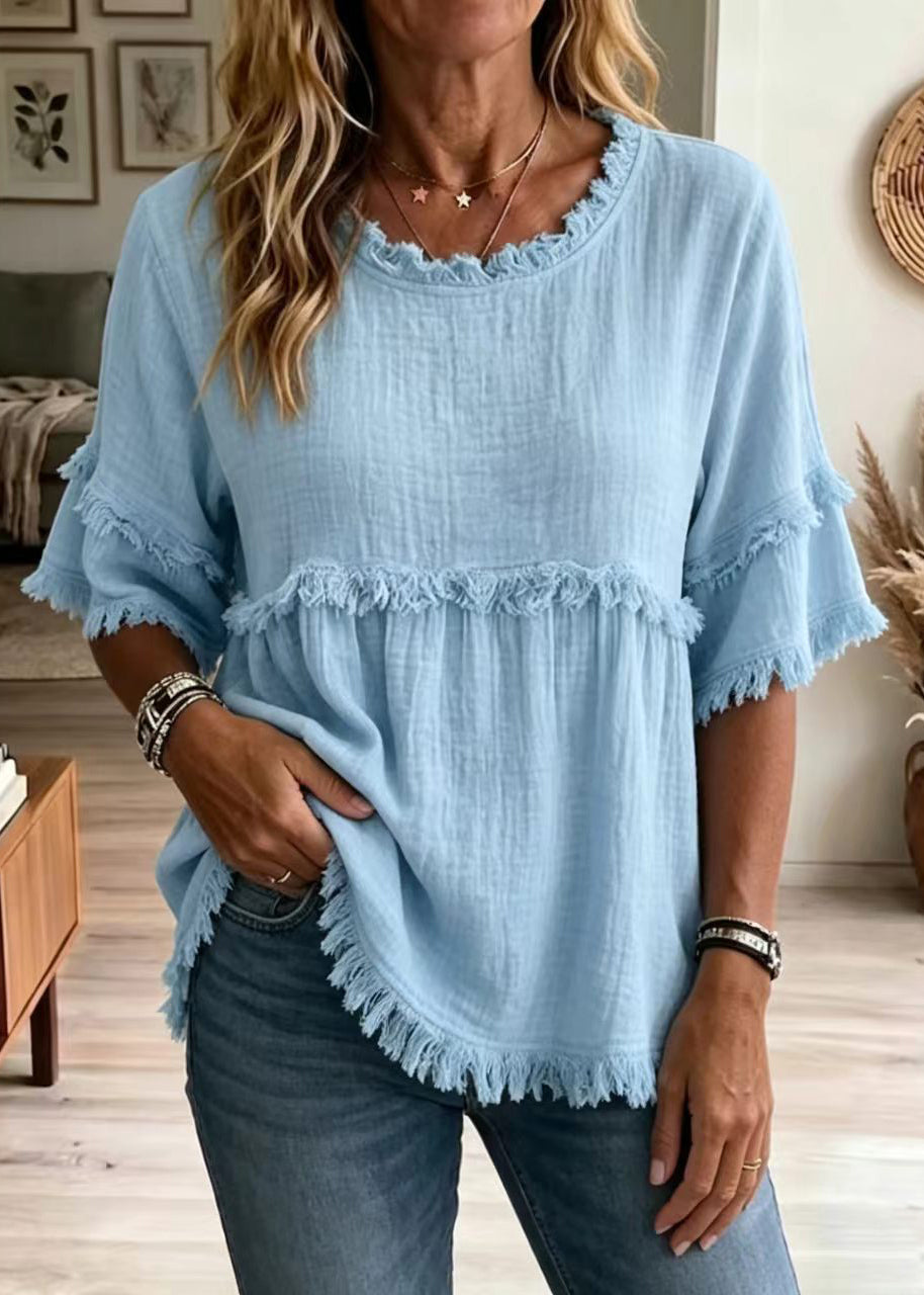 Dames Blouse Boheemse Stijl Met O-hals En Halflange Mouwen 2