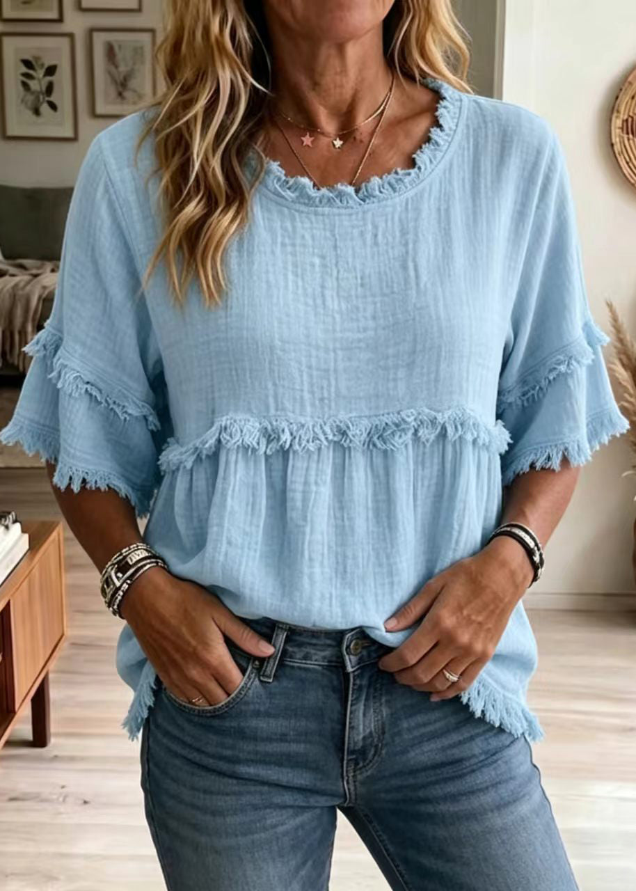 Dames Blouse Boheemse Stijl Met O-hals En Halflange Mouwen 3