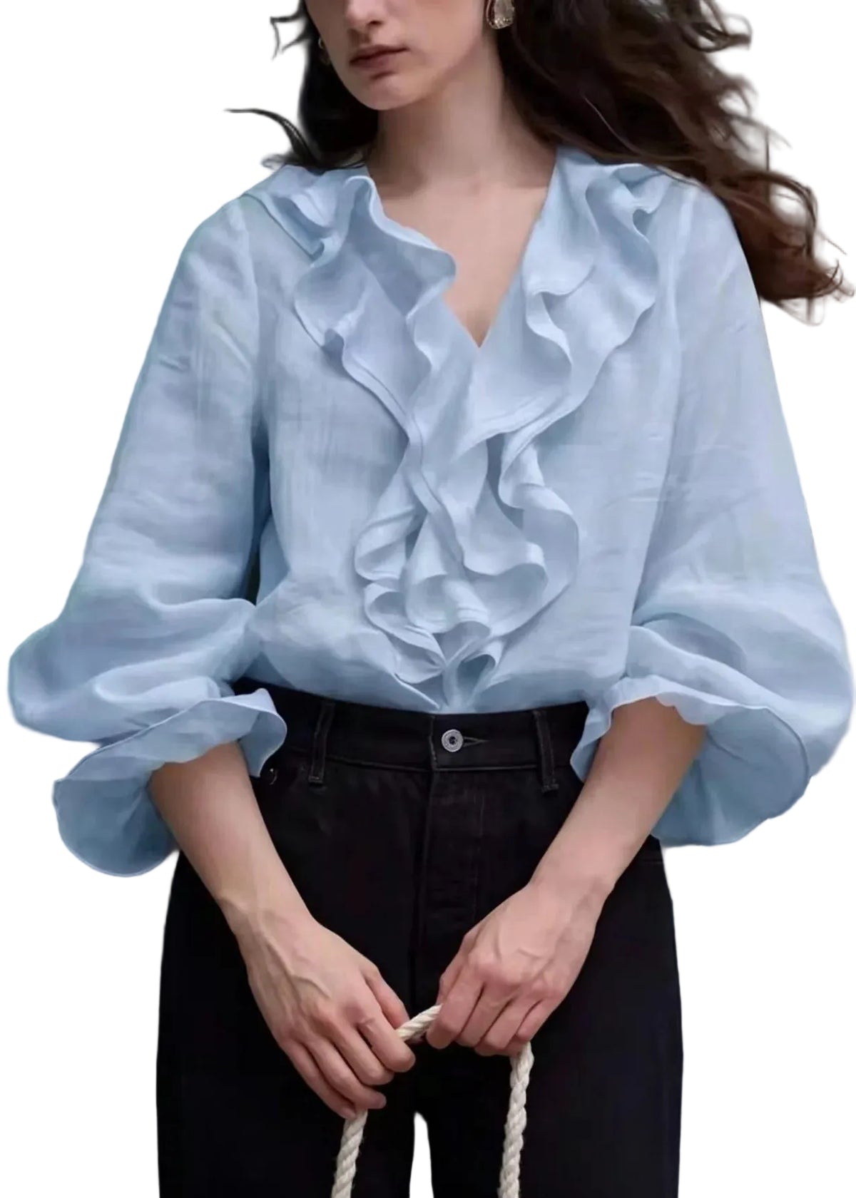 Dames Blouse Boho Stijl V-hals Met Ruches En Pofmouwen 0