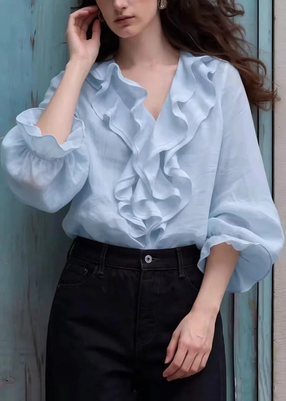 Dames Blouse Boho Stijl V-hals Met Ruches En Pofmouwen 2