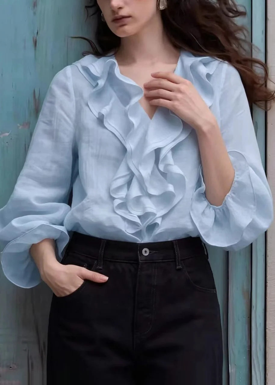 Dames Blouse Boho Stijl V-hals Met Ruches En Pofmouwen 3