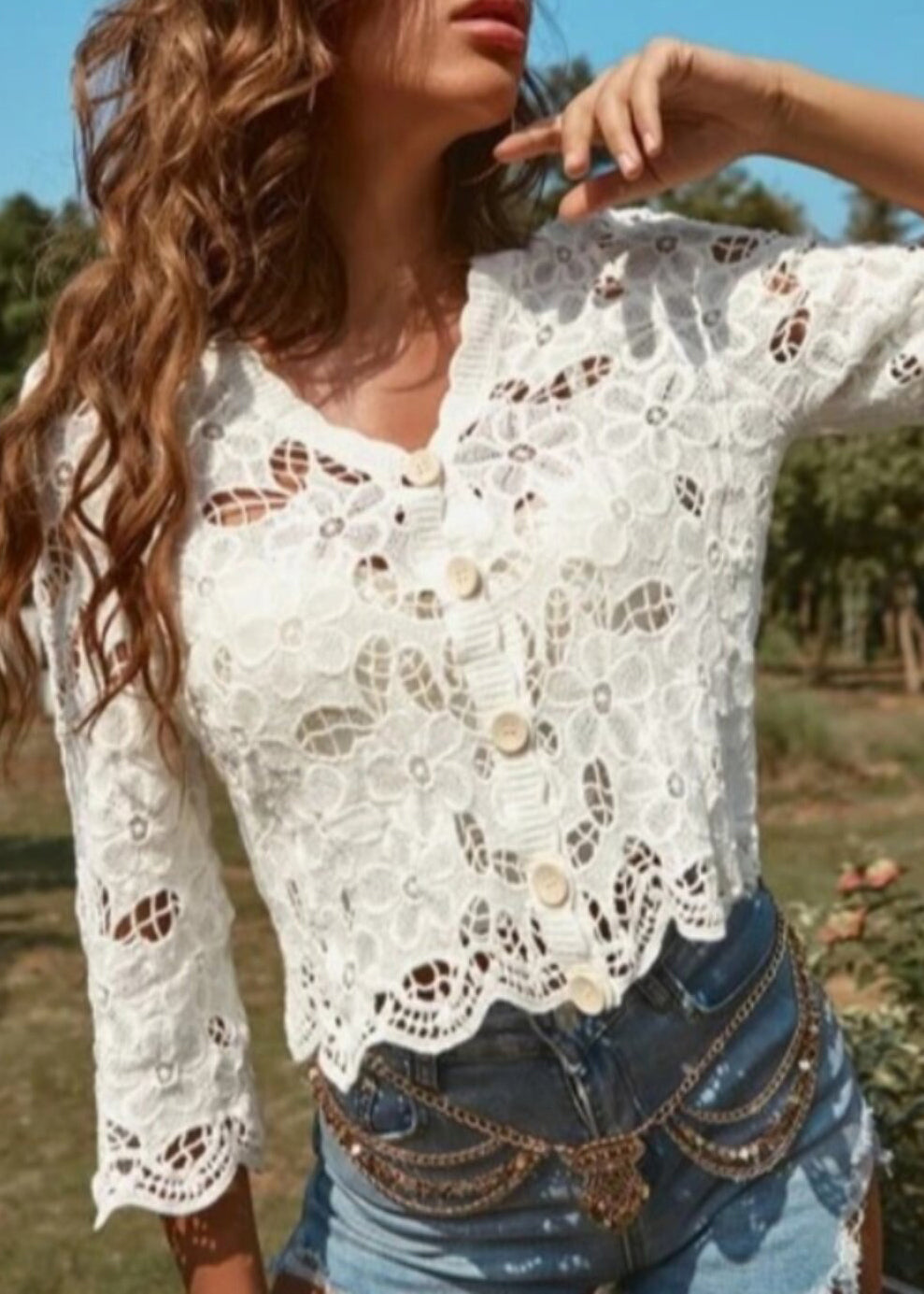 Dames Blouse Button-Down Uitgeholde Kant Zomerstijl 3