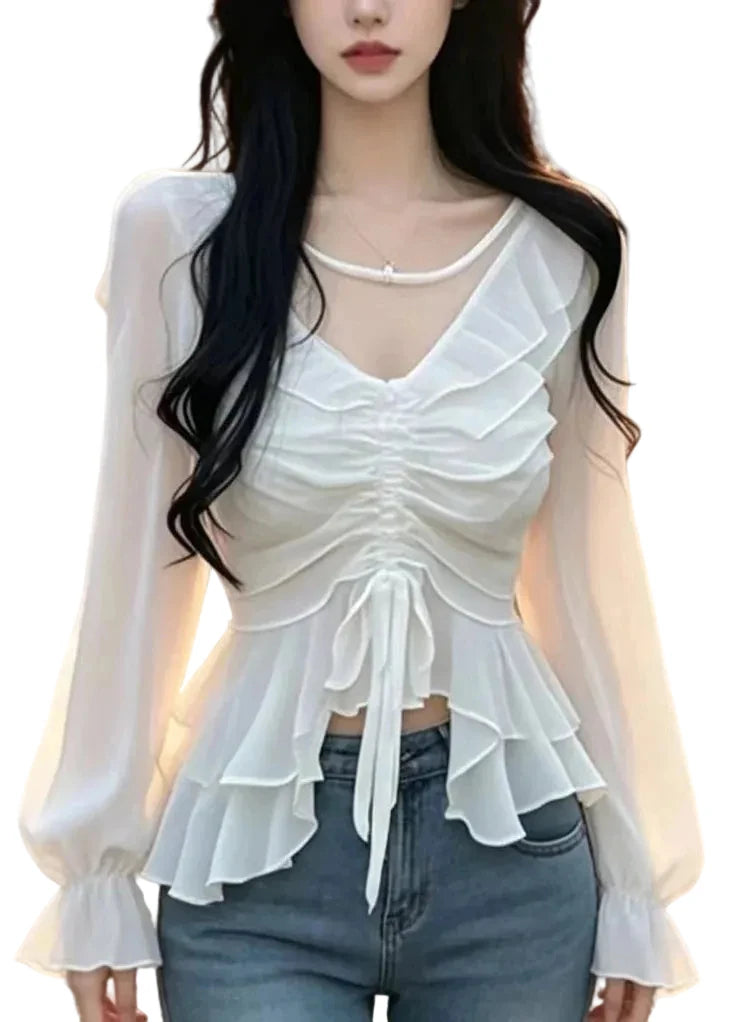 Dames Blouse Chiffon Ruches Pofmouwen 0