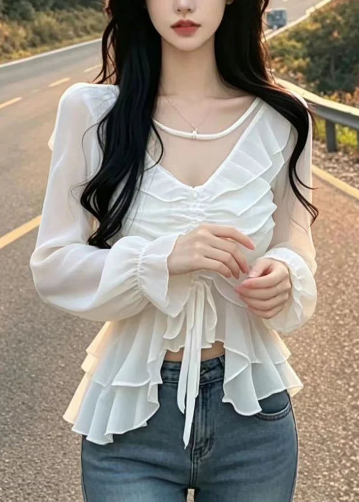 Dames Blouse Chiffon Ruches Pofmouwen 1