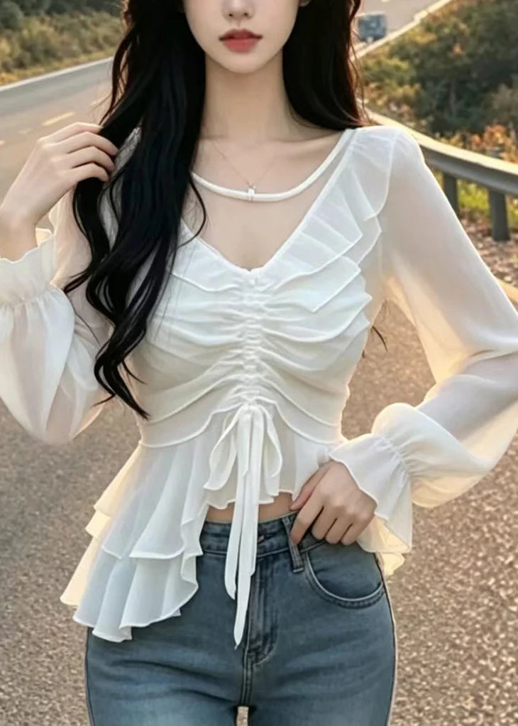 Dames Blouse Chiffon Ruches Pofmouwen 2