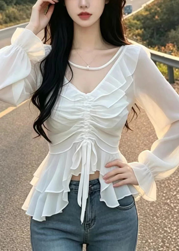 Dames Blouse Chiffon Ruches Pofmouwen 3
